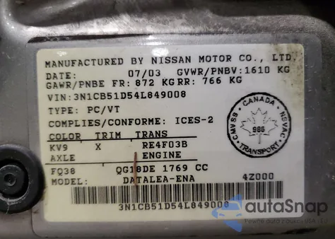 2004 Nissan Sentra 1.8 z USA, uszkodzony, nr VIN 3N1CB51D54L849008